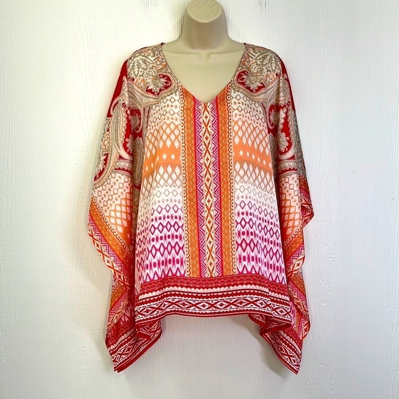 Chicos - Exotic Bright Scrolls Paula V Neck Poncho Size S/M - Picture 1 of 10